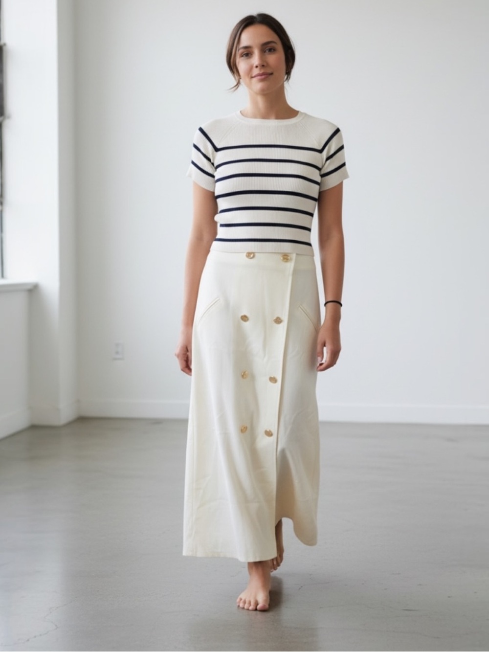 September White Cotton Wrap Midi Skirt XS | Gold Button High Waist